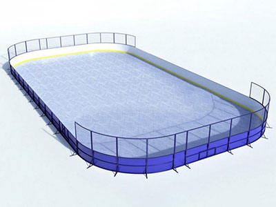 Хоккейная коробка из стеклопластика толщиной 7 мм, с высокими сетчатыми бортами, ограждение за воротами